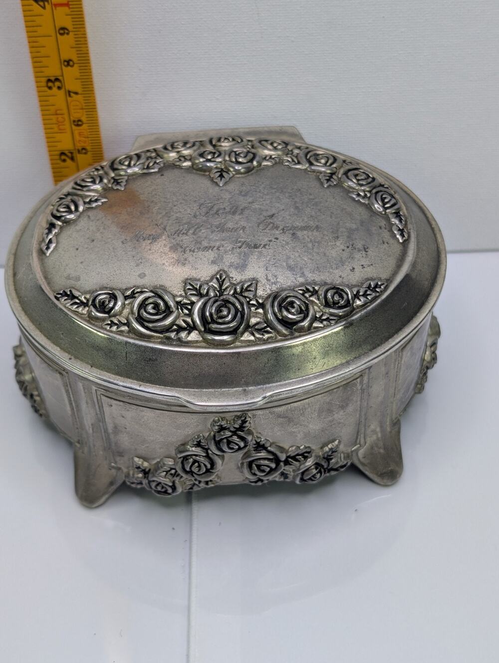 Vintage Things Remembered Rose Musical Jewelry Box Silver Tone Blue Velvet Works